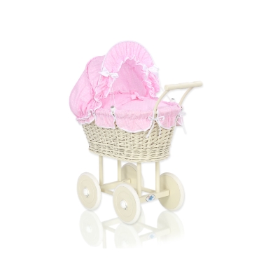 Rieten poppenwagen met kap Ivoor Roze Wit Polkaprikker