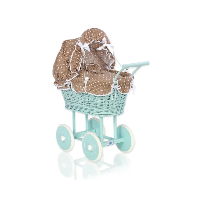 Rieten poppenwagen met kap Mint Bruin Polkaprikker