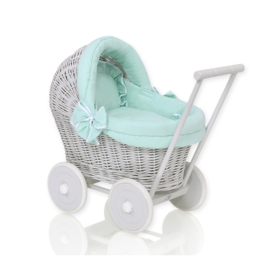Rieten poppenwagen met kap Mint Grijs