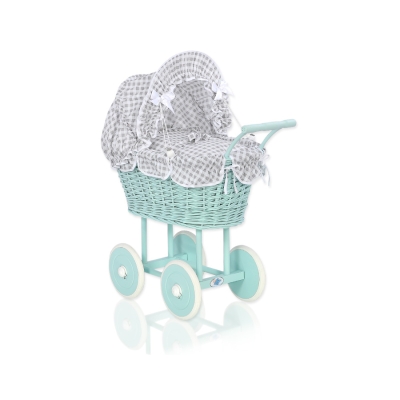 Rieten poppenwagen met kap Mint Grijs Geruit