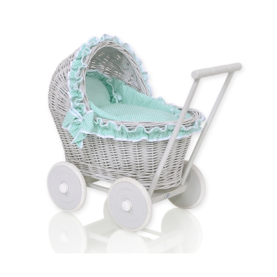 Rieten poppenwagen met kap Mint Grijs Polkaprikker