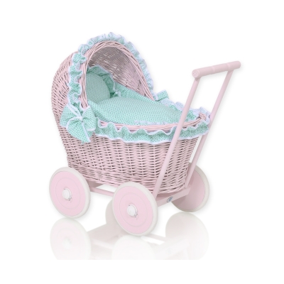 Rieten poppenwagen met kap Mint Polkaprikker
