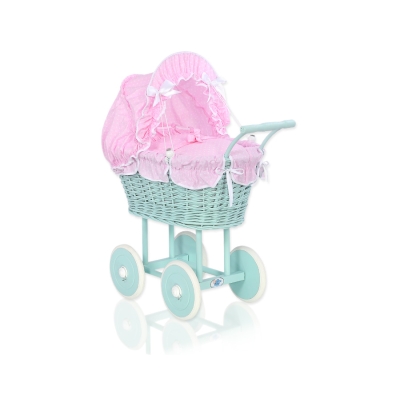 Rieten poppenwagen met kap Mint Roze Wit Polkaprikker