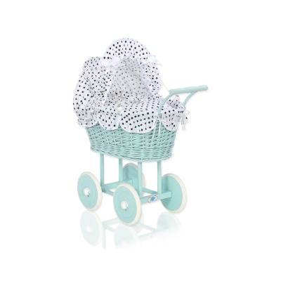 Rieten poppenwagen met kap Mint Wit Zwart Polkaprikker