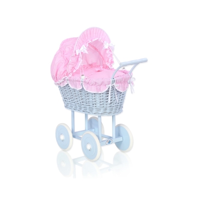 Rieten poppenwagen met kap Roze Blauw Geruit