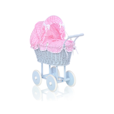 Rieten poppenwagen met kap Roze Blauw Geruit