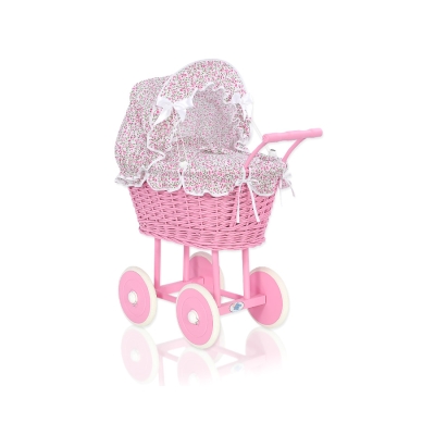 Rieten poppenwagen met kap Roze Bloemenweide Bloemen
