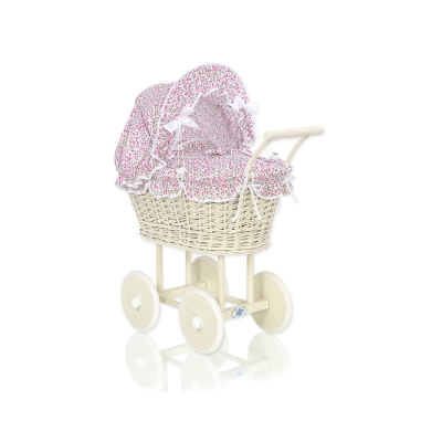 Rieten poppenwagen met kap Roze Bloemenweide Bloemen