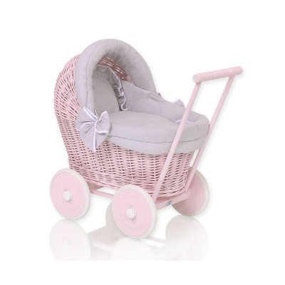 Rieten poppenwagen met kap Roze Grijs