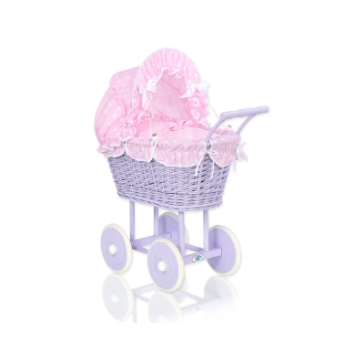 Rieten poppenwagen met kap Roze Purper Polkaprikker