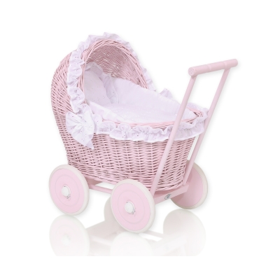 Rieten poppenwagen met kap Roze Wit