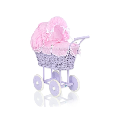 Rieten poppenwagen met kap Roze Wit Purper Polkaprikker