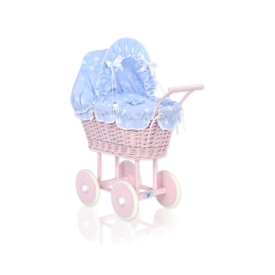 Rieten poppenwagen met kap Stofroze