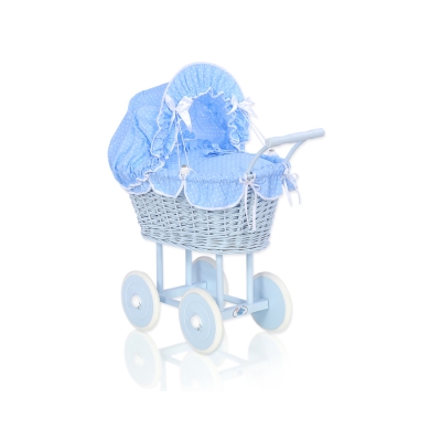 Rieten poppenwagen met kap Wit Blauw Polkaprikker
