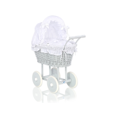 Rieten poppenwagen met kap Wit Grijs