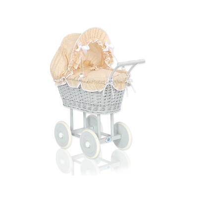 Poppenwagen rattan grijs