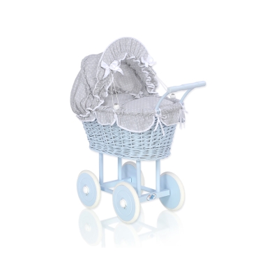 Rieten poppenwagen met kap Wit Grijs Blauw Polkaprikker