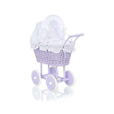 Rieten poppenwagen met kap Wit Purper