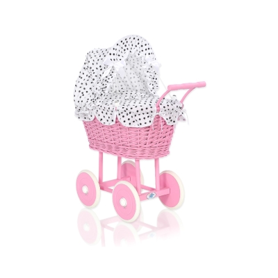 Rieten poppenwagen met kap Wit Zwart Polkaprikker