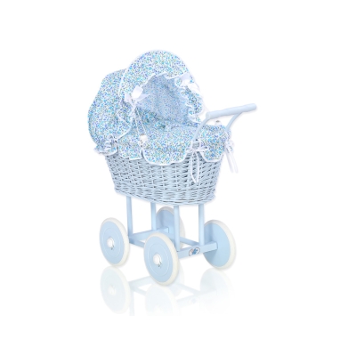 Rieten poppenwagen met stoffen kap Blauw Blauw Bloemenweide Bloemen