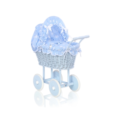 Rieten poppenwagen met stoffen kap Blauw Polkaprikker