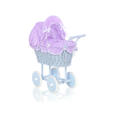Rieten poppenwagen met stoffen kap Blauw Purper Geruit