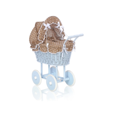 Rieten poppenwagen met stoffen kap Bruin Blauw Polkaprikker