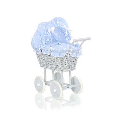 Rieten poppenwagen met stoffen kap Grijs