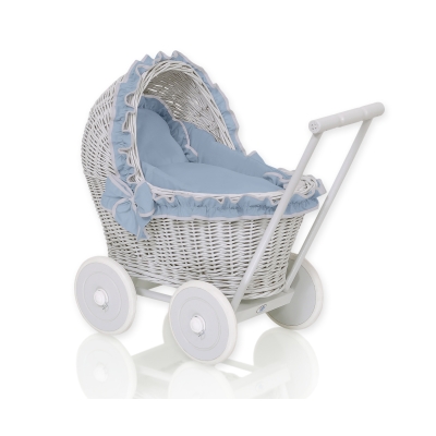 Rieten poppenwagen met stoffen kap Grijs Pastelblauw