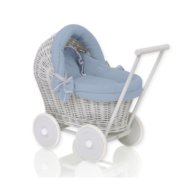 Rieten poppenwagen met stoffen kap Grijs Pastelblauw