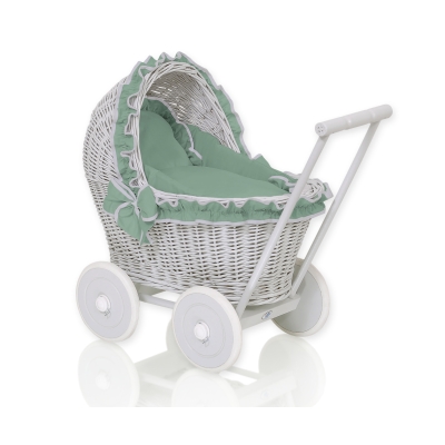 Rieten poppenwagen met stoffen kap Grijs Pastelgroen