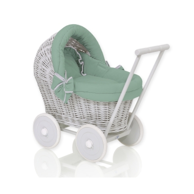Rieten poppenwagen met stoffen kap Grijs Pastelgroen