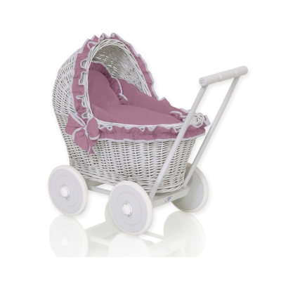 Rieten poppenwagen met stoffen kap Grijs Pastelviolet