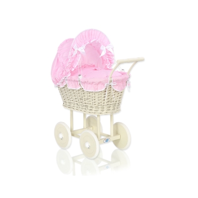 Rieten poppenwagen met stoffen kap Ivoor Roze Geruit