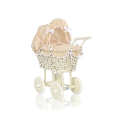 Rieten poppenwagen met stoffen kap Ivoor Wit Beige Polkaprikker