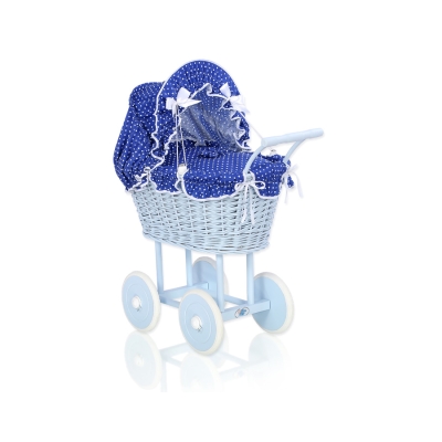 Rieten poppenwagen met stoffen kap Marineblauw Blauw
