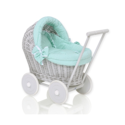 Rieten poppenwagen met stoffen kap Mint Grijs Polkaprikker