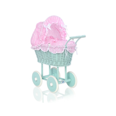 Rieten poppenwagen met stoffen kap Mint Roze Polkaprikker