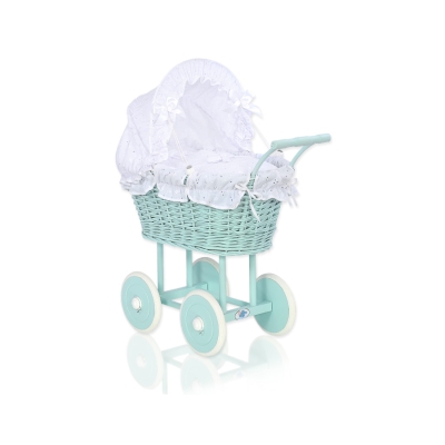 Rieten poppenwagen met stoffen kap Mint Wit