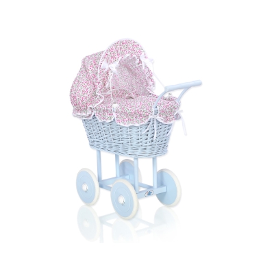 Rieten poppenwagen met stoffen kap Roze Blauw Bloemenweide Bloemen