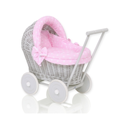 Rieten poppenwagen met stoffen kap Roze Grijs Polkaprikker