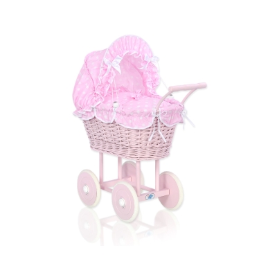 Rieten poppenwagen met stoffen kap Roze Polkaprikker Stofroze