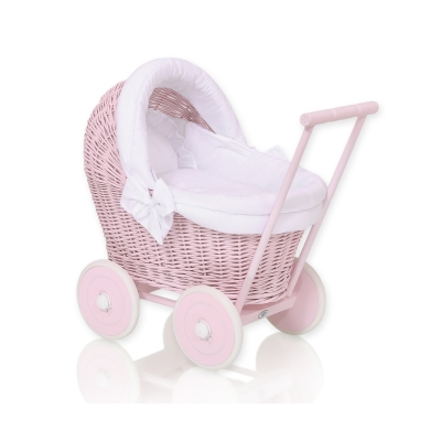 Rieten poppenwagen met stoffen kap Roze Wit