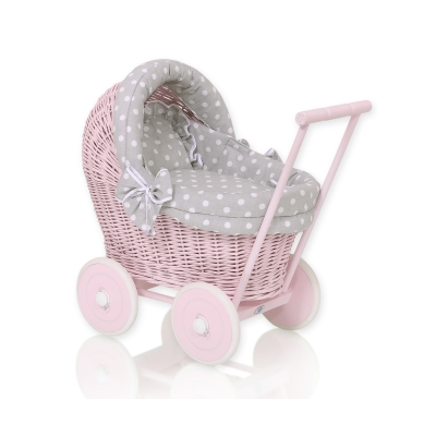 Rieten poppenwagen met stoffen kap Roze Wit Grijs Polkaprikker