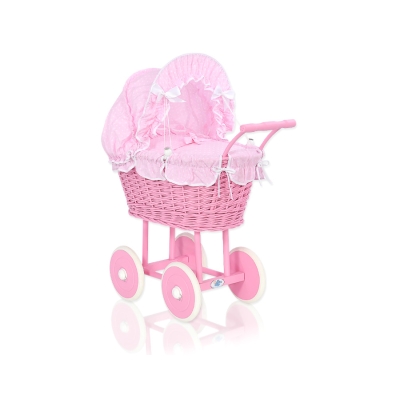 Rieten poppenwagen met stoffen kap Roze Wit Polkaprikker