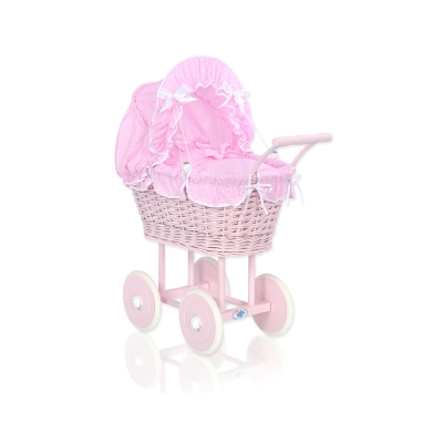 Rieten poppenwagen met stoffen kap Roze Wit Polkaprikker Stofroze