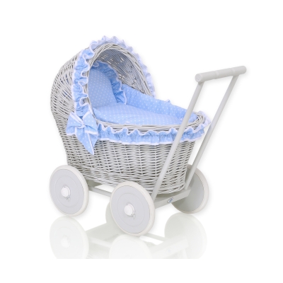 Rieten poppenwagen met stoffen kap Wit Grijs Blauw Polkaprikker