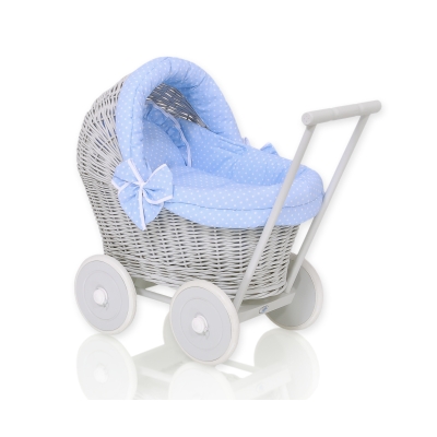 Rieten poppenwagen met stoffen kap Wit Grijs Blauw Polkaprikker
