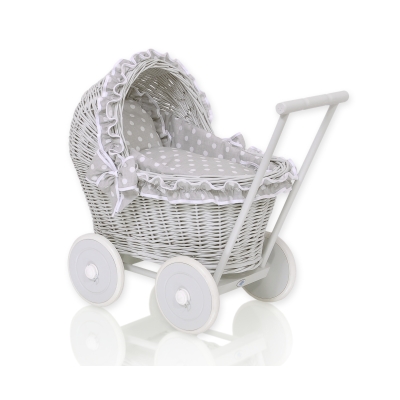 Rieten poppenwagen met stoffen kap Wit Grijs Polkaprikker