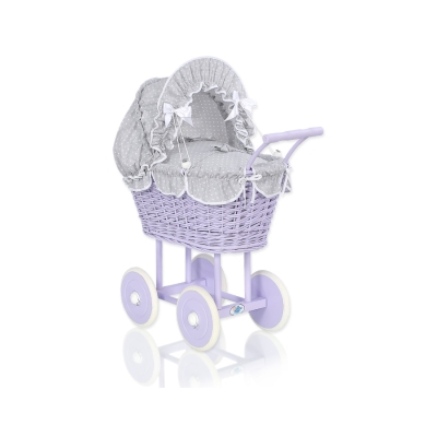 Rieten poppenwagen met stoffen kap Wit Grijs Purper Polkaprikker